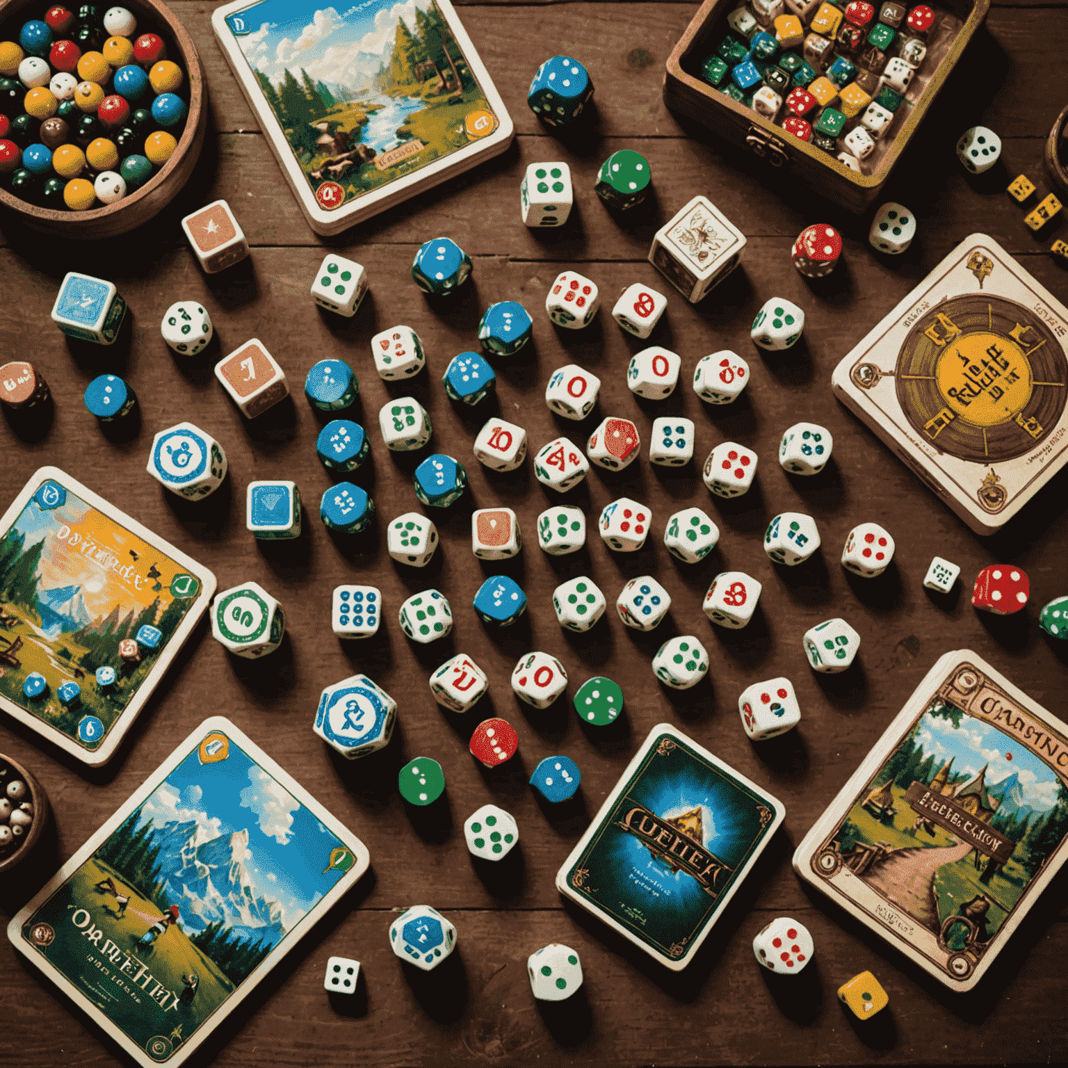 A collection of popular tabletop games including board games, card games, and dice games arranged on a wooden table