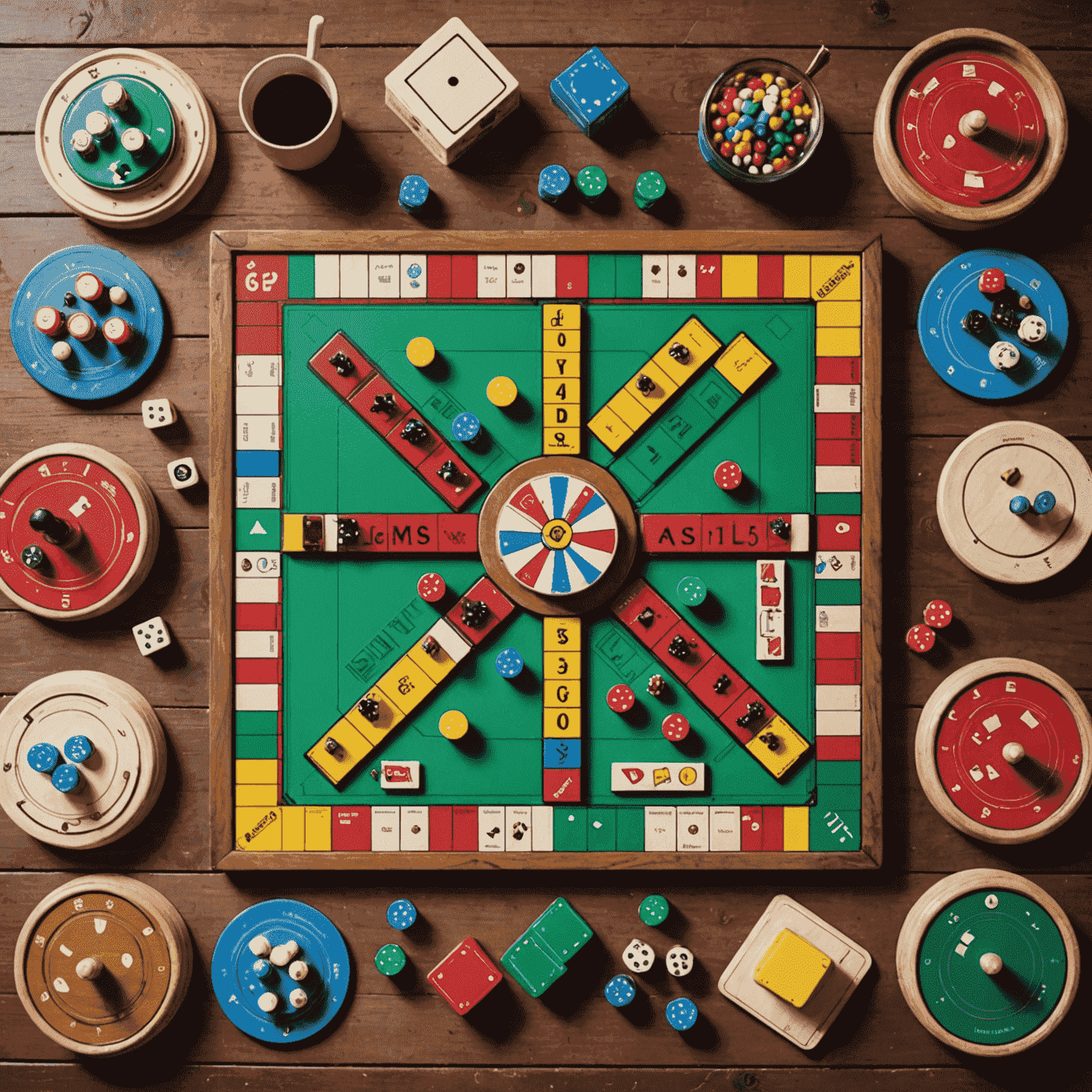 A collection of five popular board games arranged on a wooden table, showcasing colorful game boards, cards, and pieces