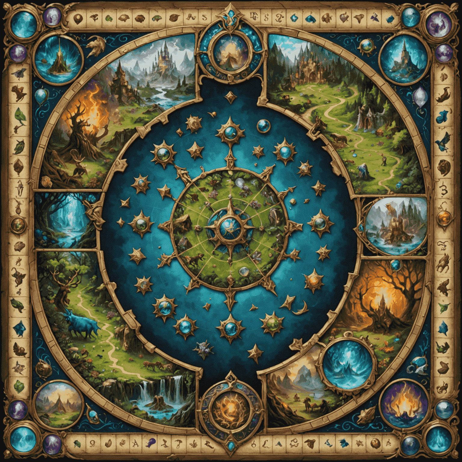 Mystic Realms game board with intricate fantasy artwork, showing various realms and magical creatures