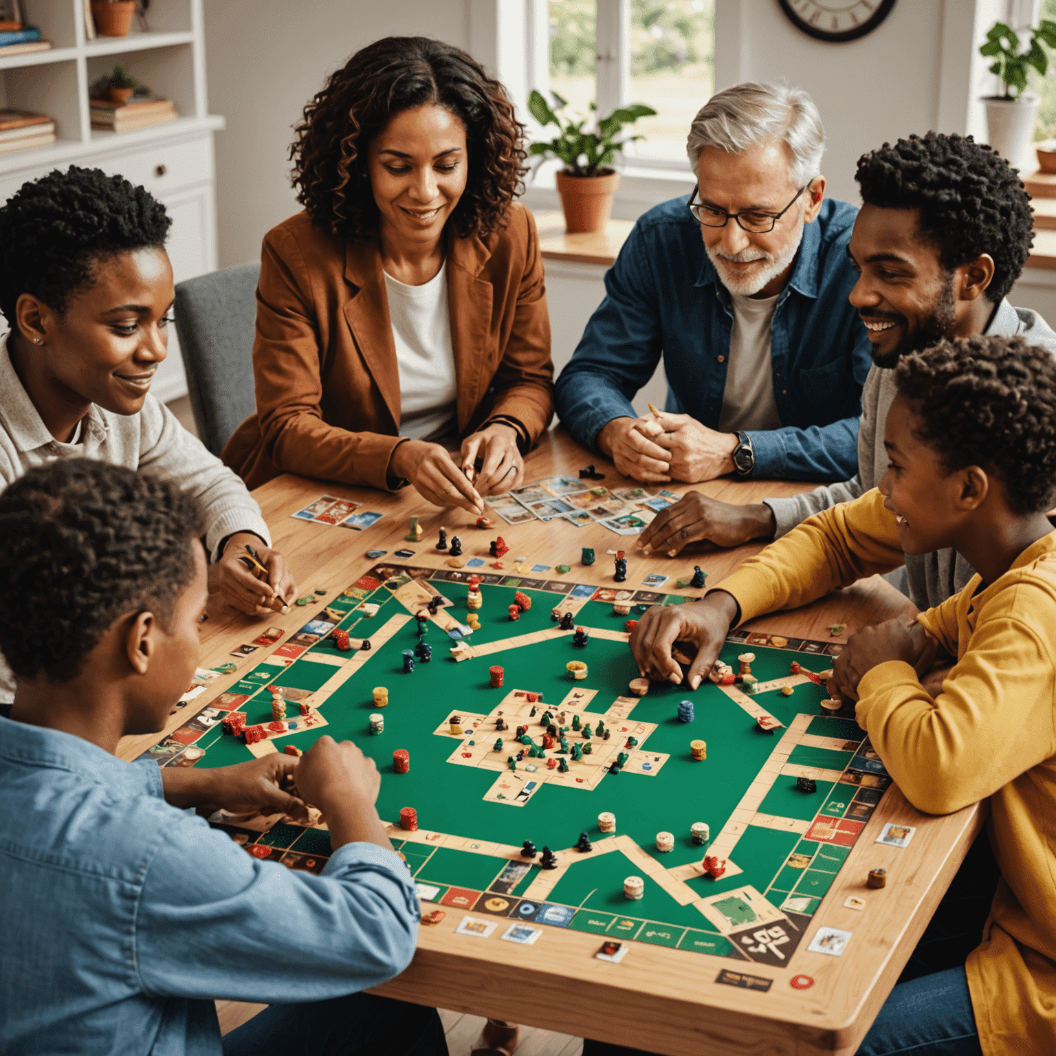 A group of diverse people gathered around a table, engrossed in a strategic board game. The image showcases various age groups, from children to adults, interacting and learning together.