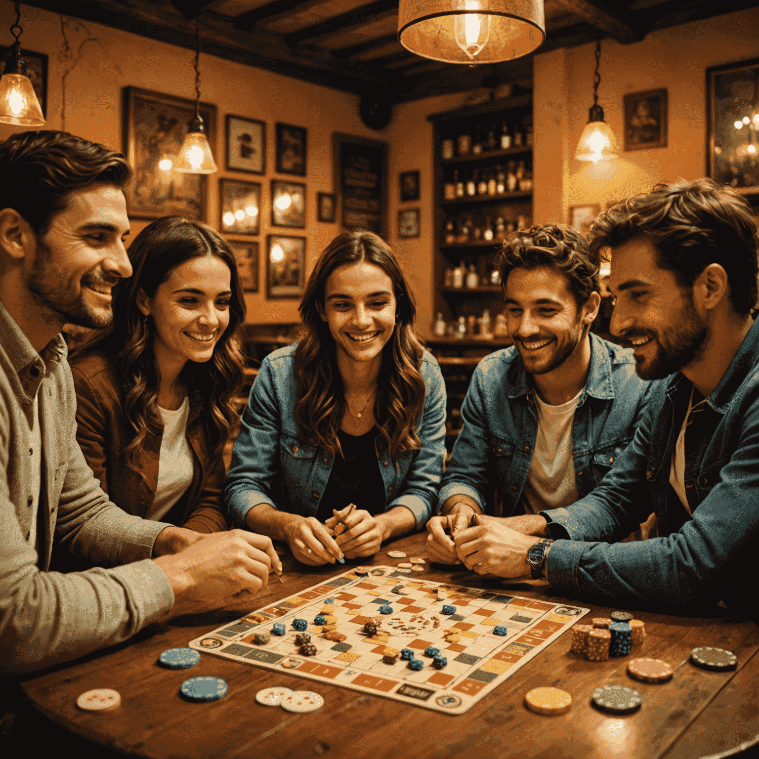 A group of friends playing a board game in a cozy Spanish café, with colorful game pieces and cards spread across the table. The warm lighting and rustic décor create an inviting atmosphere.