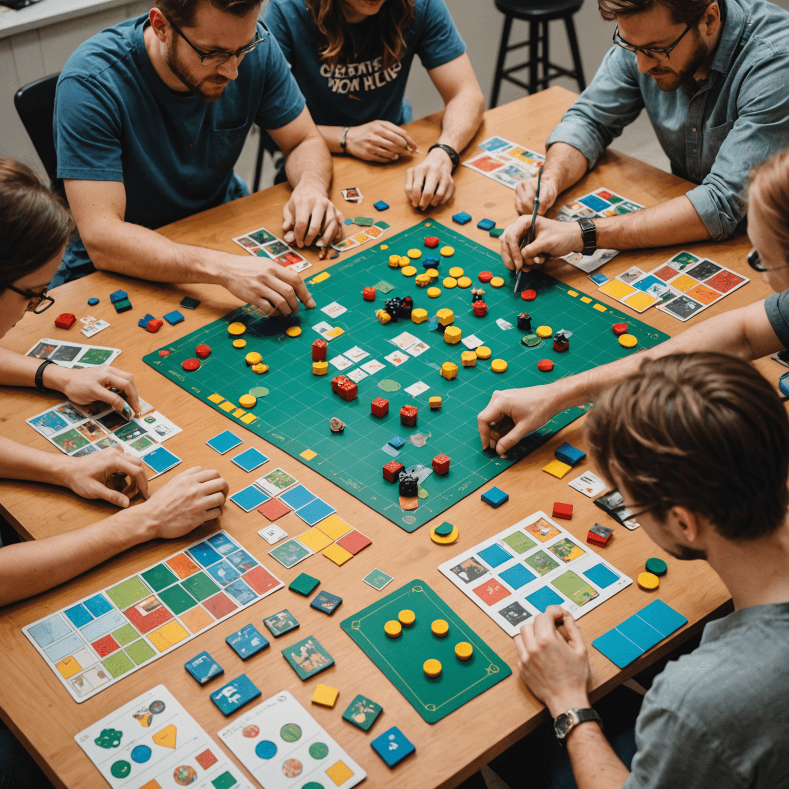 A group of people working on board game prototypes, with colorful game pieces, cards, and boards spread out on tables. The image captures the creative energy of a game design workshop.