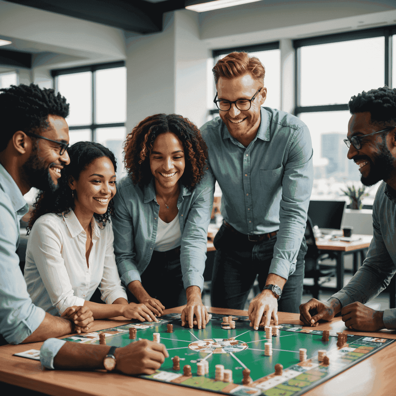 A group of diverse professionals engaged in a strategic board game, smiling and collaborating around a large table in a modern office setting