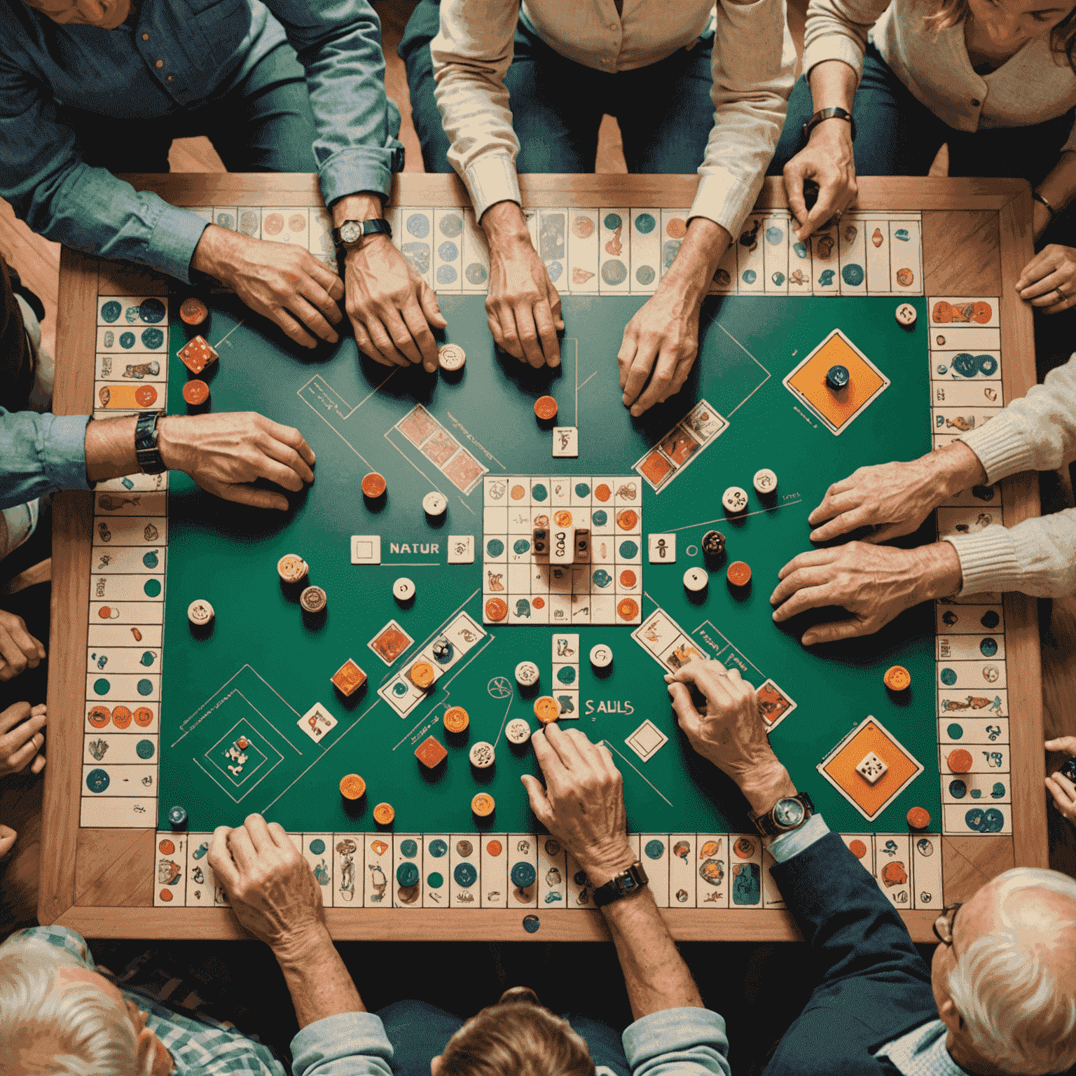 A group of people of various ages playing a strategic board game, with close-ups of hands moving pieces and thoughtful expressions