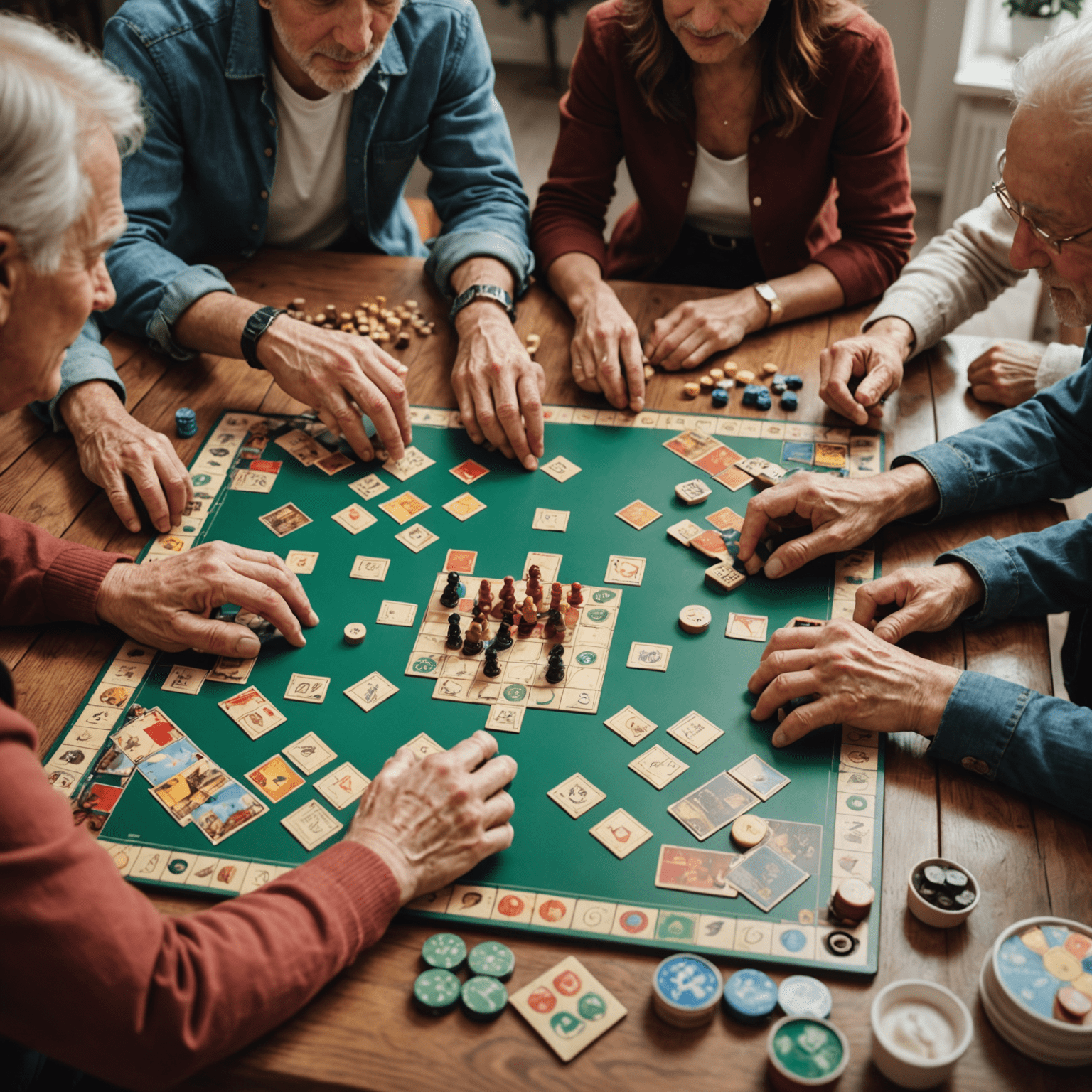 A group of people of various ages playing a strategic board game, with close-ups of hands moving pieces and thoughtful expressions