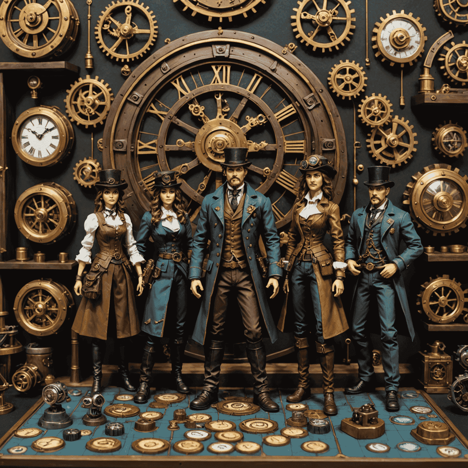 Clockwork Conspiracy game setup with steampunk-themed board, gears, and character miniatures