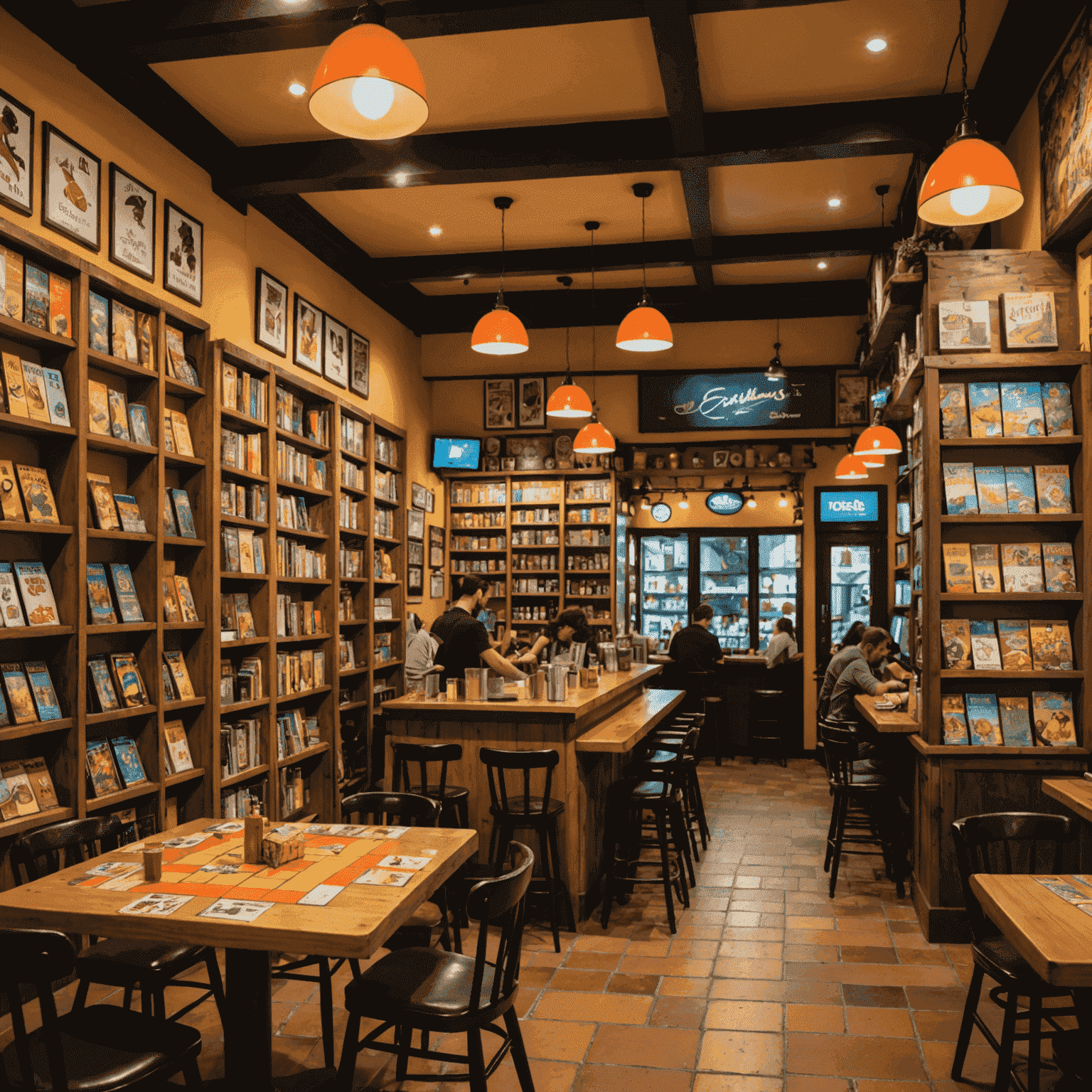 Interior of a bustling Spanish board game cafe, with shelves lined with colorful game boxes, tables filled with people playing various games, and a bar serving tapas and drinks.