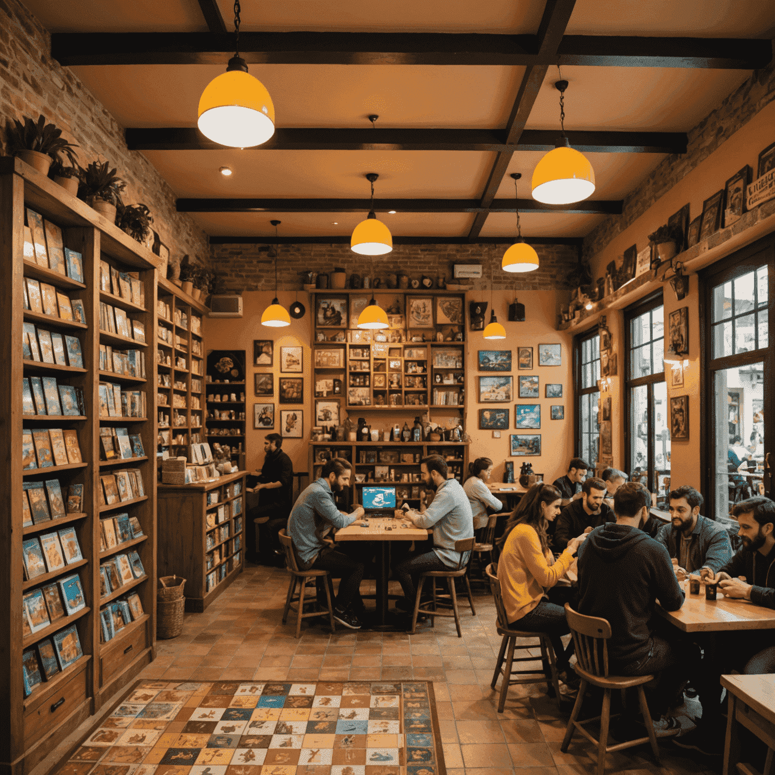 A cozy Spanish gaming cafe with people playing various board games, surrounded by shelves filled with colorful game boxes and Spanish-style decor