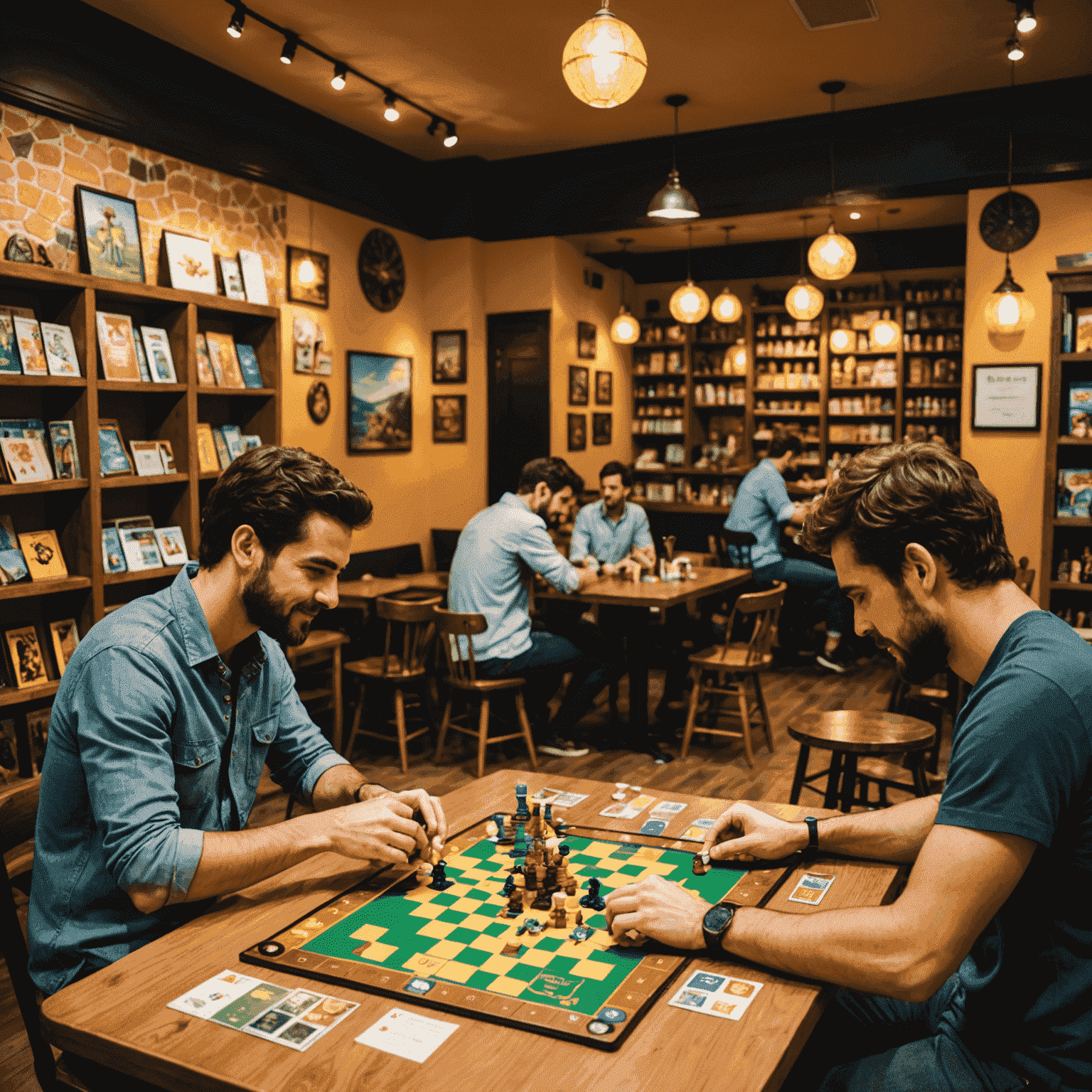 A lively Spanish board game cafe with people playing games, Spanish-style decor, and local game designers showcasing their creations