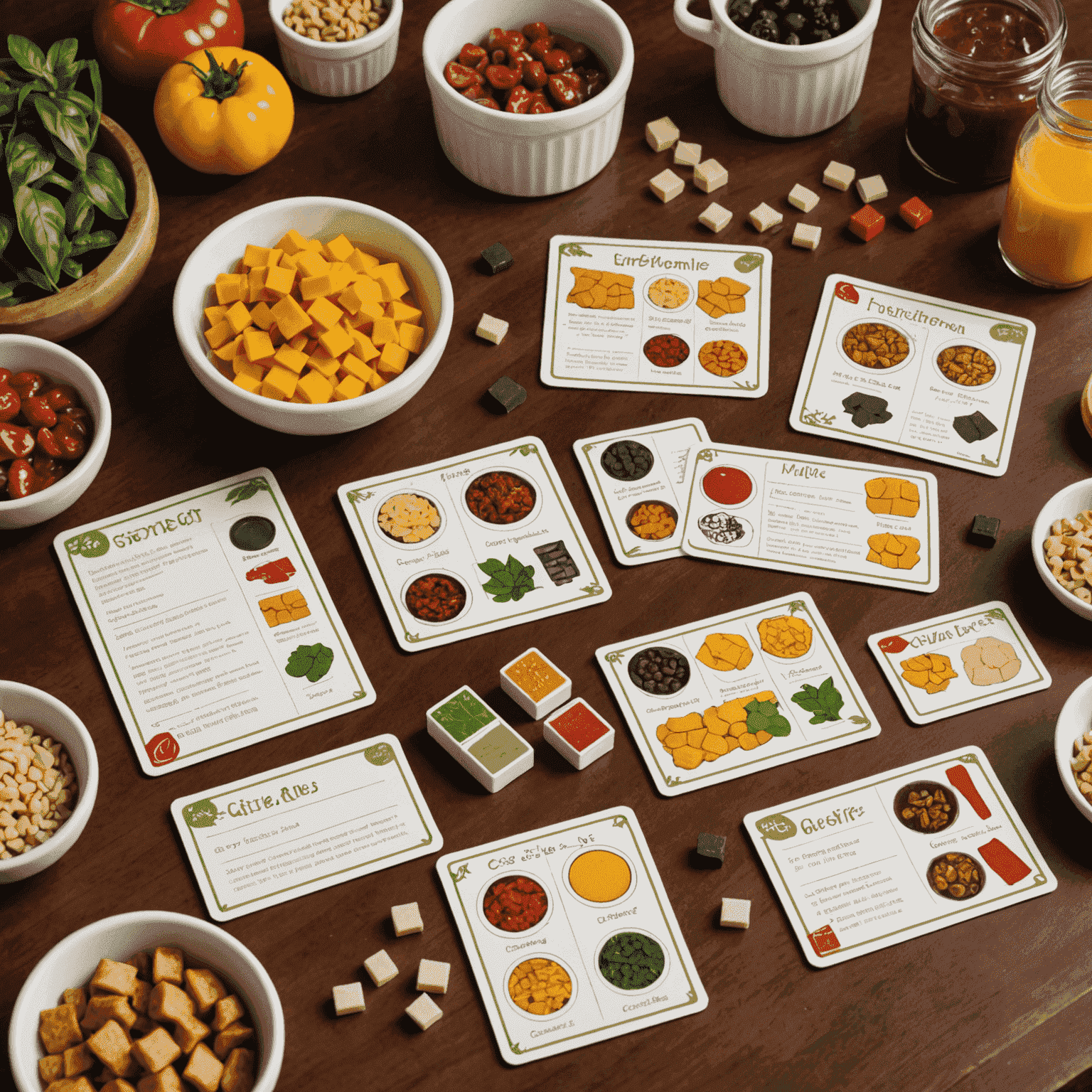 Culinary Clash game components including recipe cards, ingredient tokens, and chef meeples