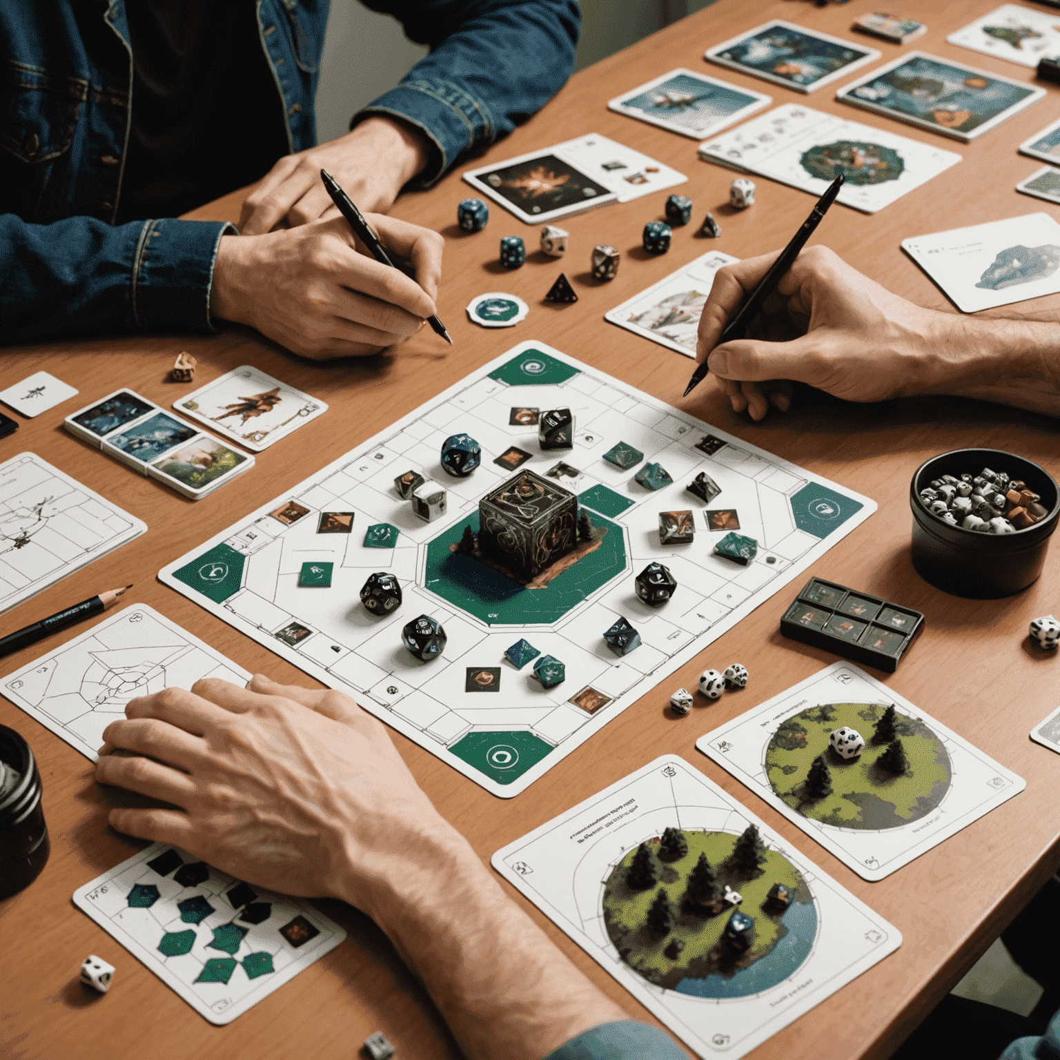 A workspace with game design materials including sketches, prototype cards, dice, and miniatures, with hands working on a game board