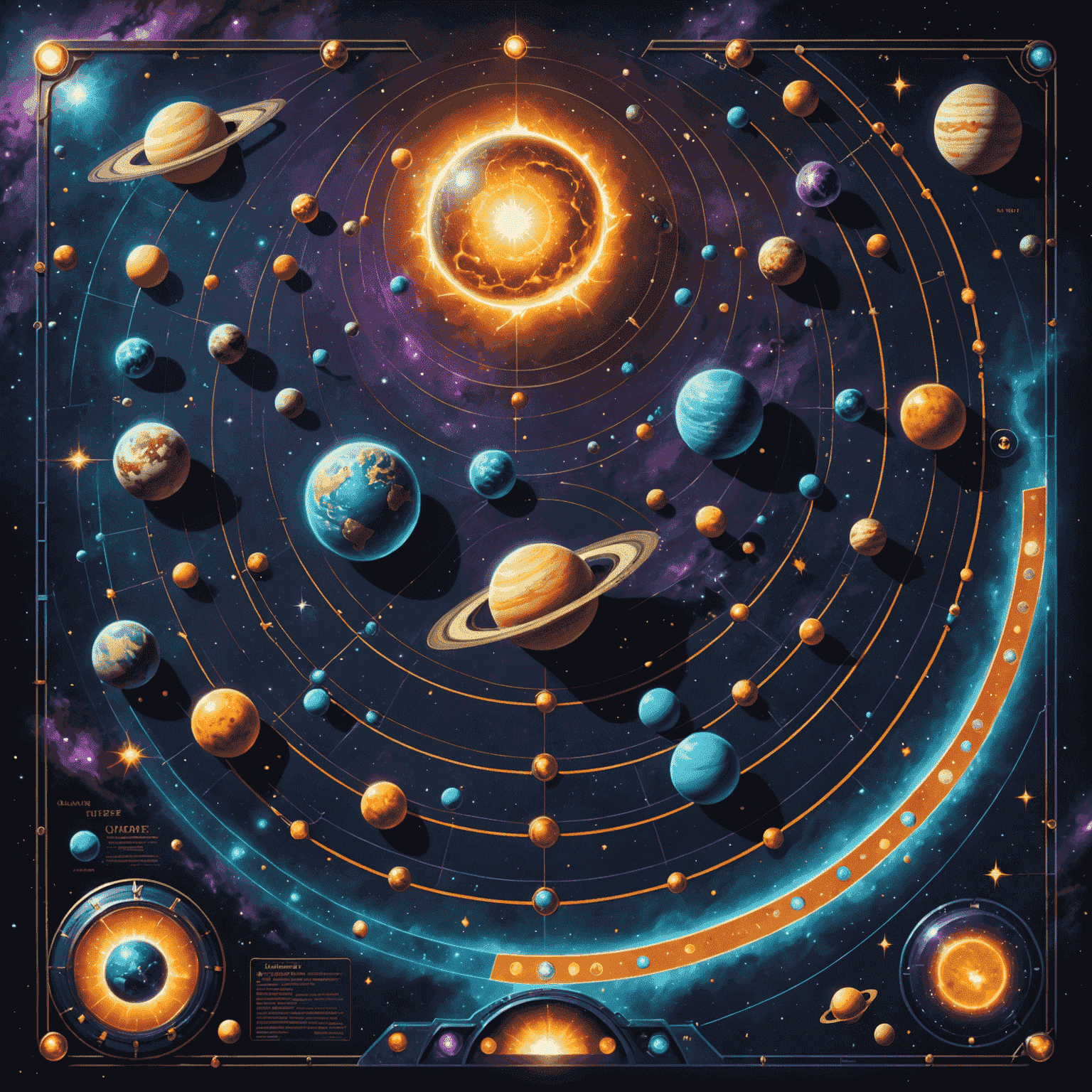 Quantum Quest game board depicting a cosmic landscape with planets, stars, and quantum particles