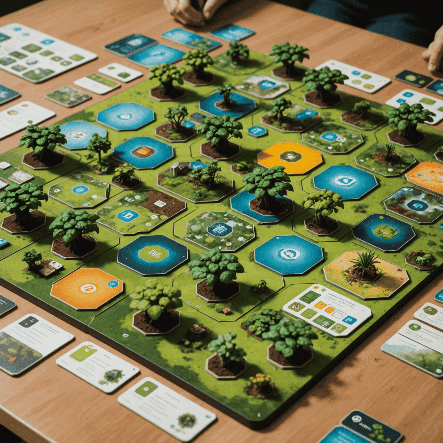 Eco Empire game setup showing a modular board with various ecosystems and sustainable technology cards